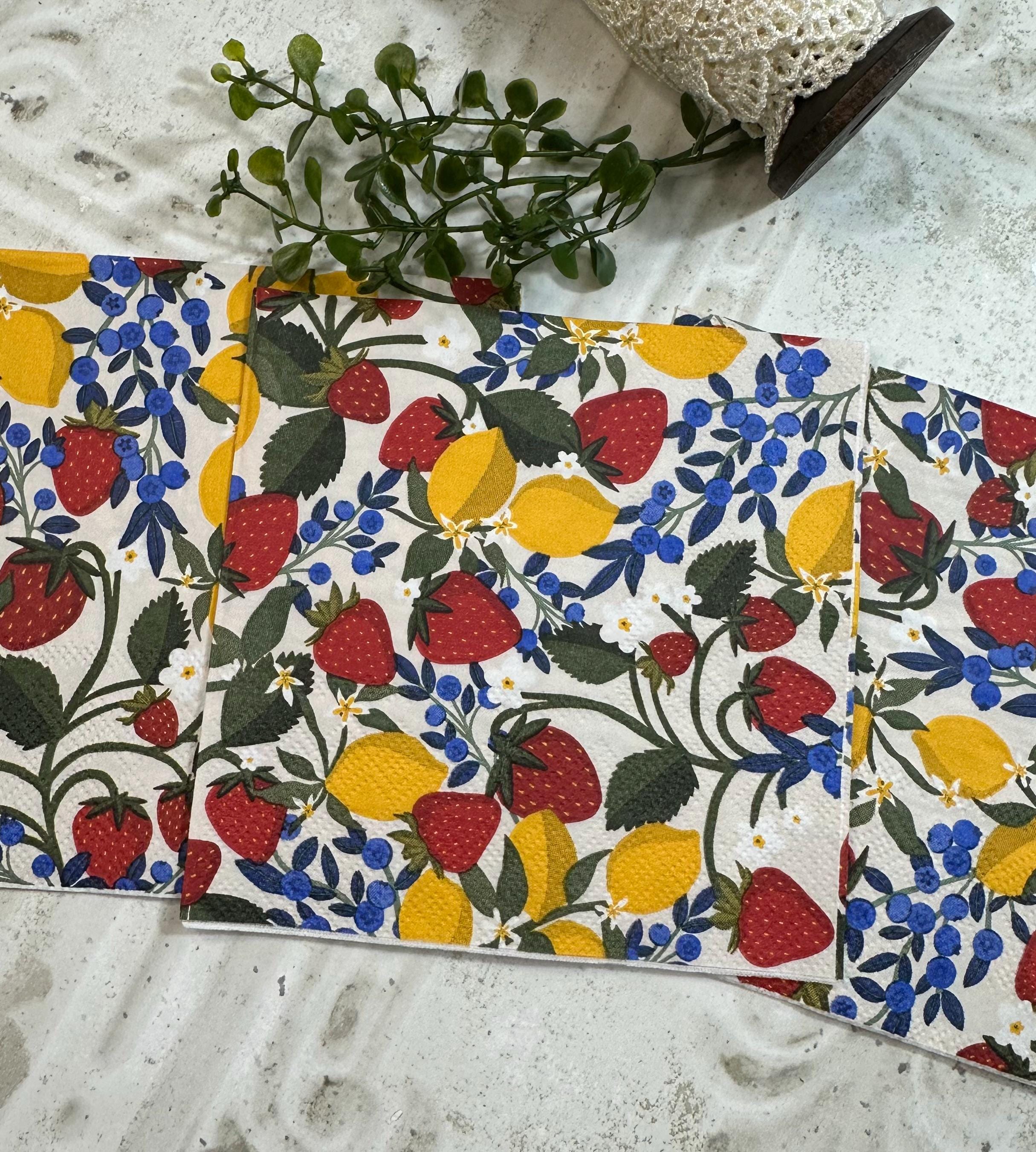 Lemon & Strawberry Decoupage Napkins: Fruit Craft Paper (5x5 inches, 3-Ply, 3 Pack)