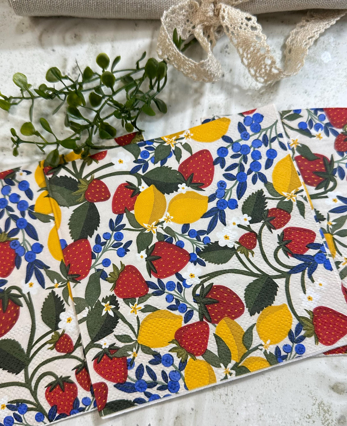 Lemon & Strawberry Decoupage Napkins: Fruit Craft Paper (5x5 inches, 3-Ply, 3 Pack)