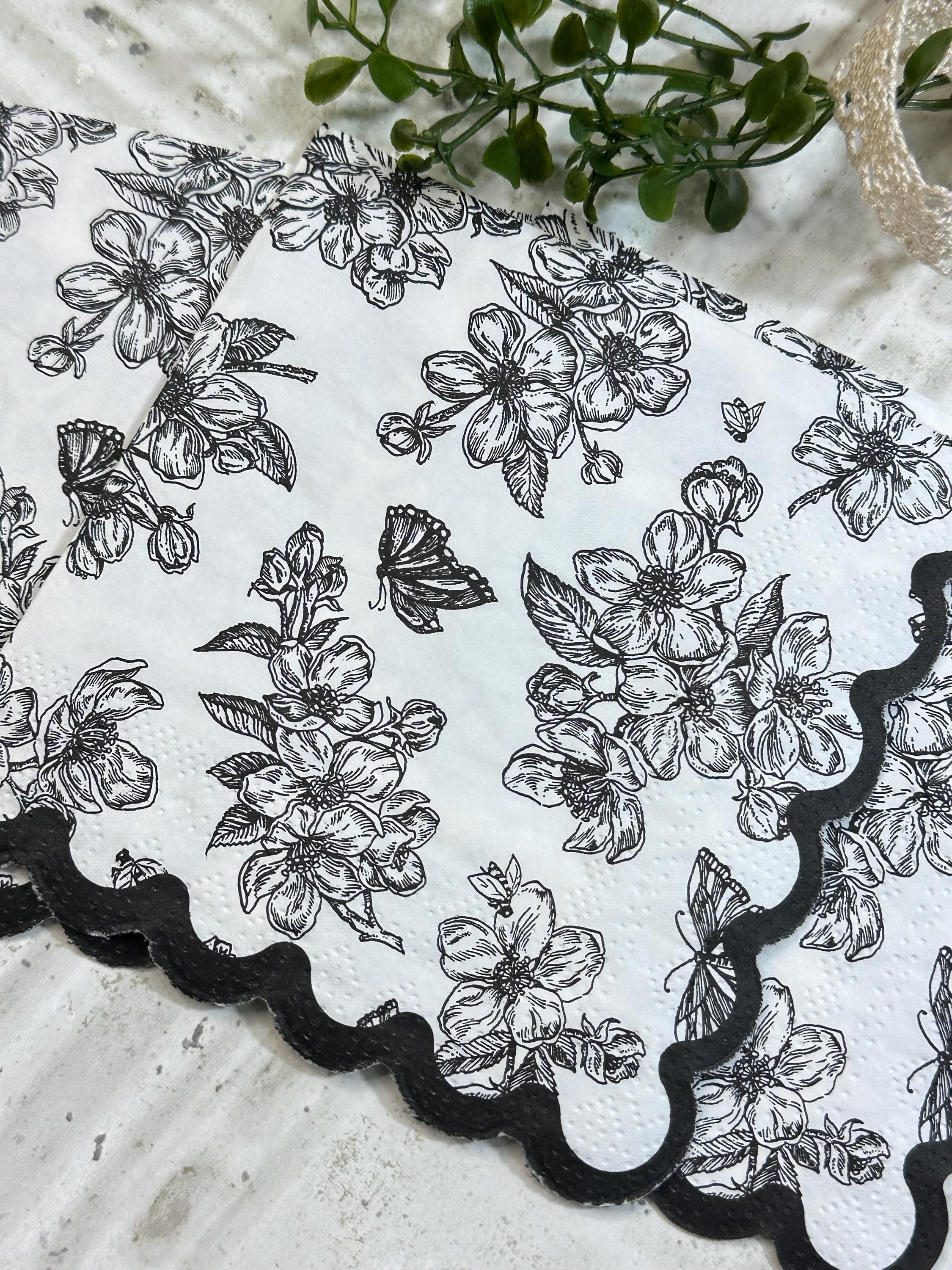 Floral Decoupage Napkins - 3pc Elegant Flower Butterflies Paper, Crafting Napkins, Bridal Party Napkins, DIY Paper Napkins, Black and White