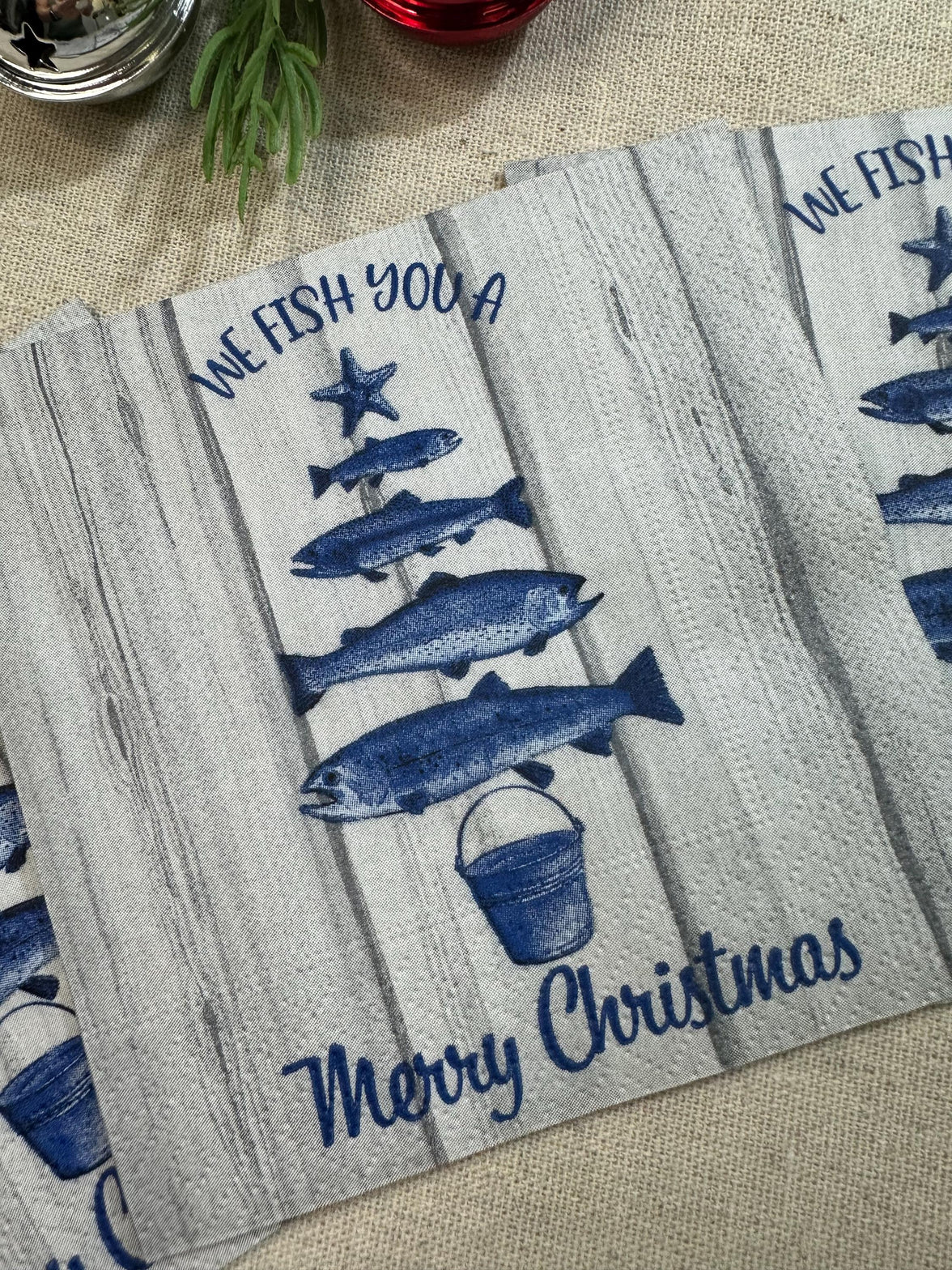 Christmas Decoupage Napkins -  Fish Holiday Napkins, Christmas Tree, Christmas Paper, Cocktail Napkins, DIY Paper, Holiday Paper Craft Gifts