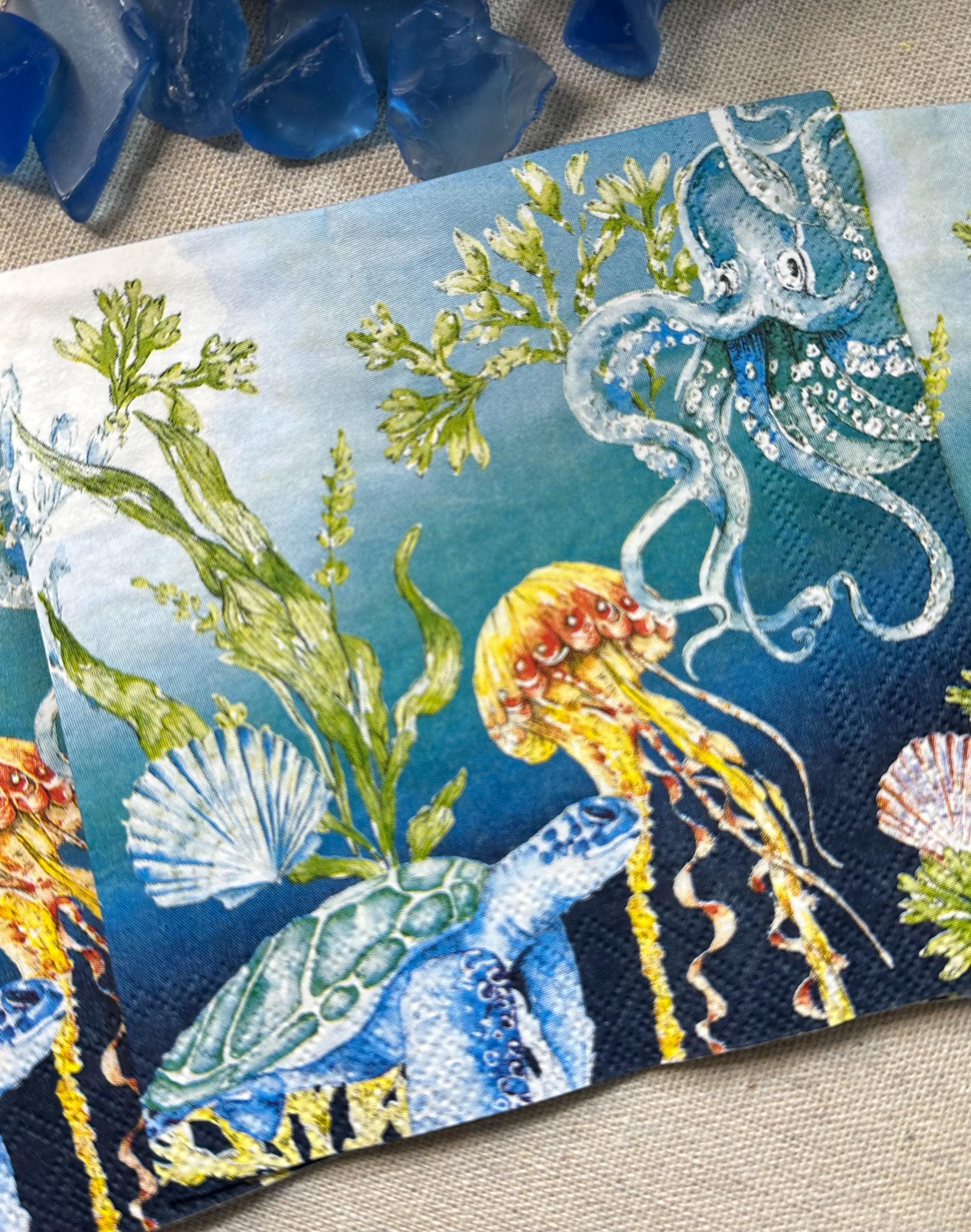 Octopus & Sea Creatures Paper Napkins, Decoupage Supplies (3pc)