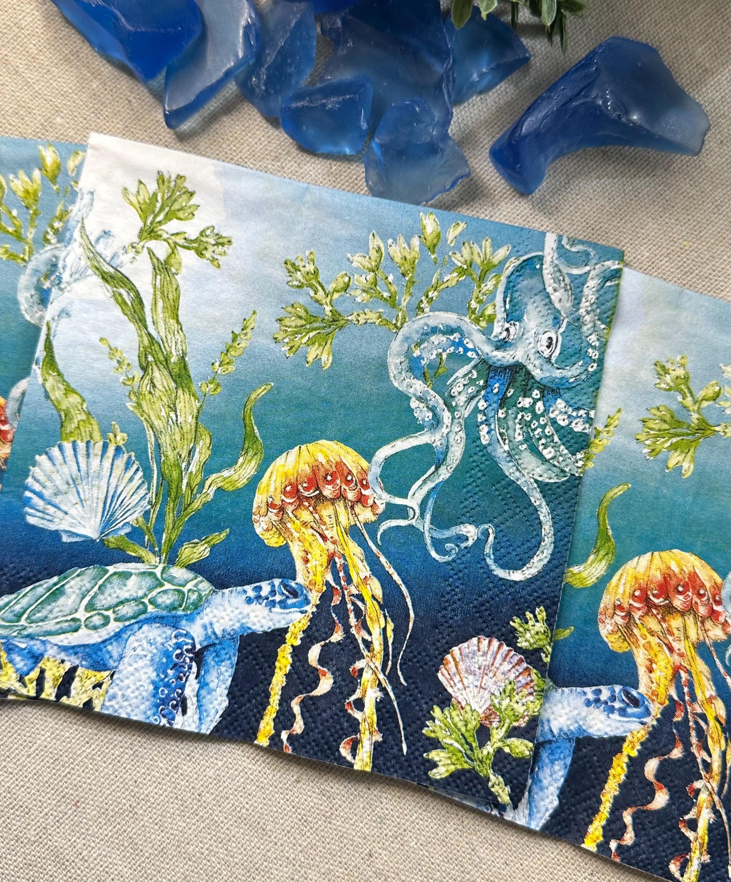 Octopus & Sea Creatures Paper Napkins, Decoupage Supplies (3pc)