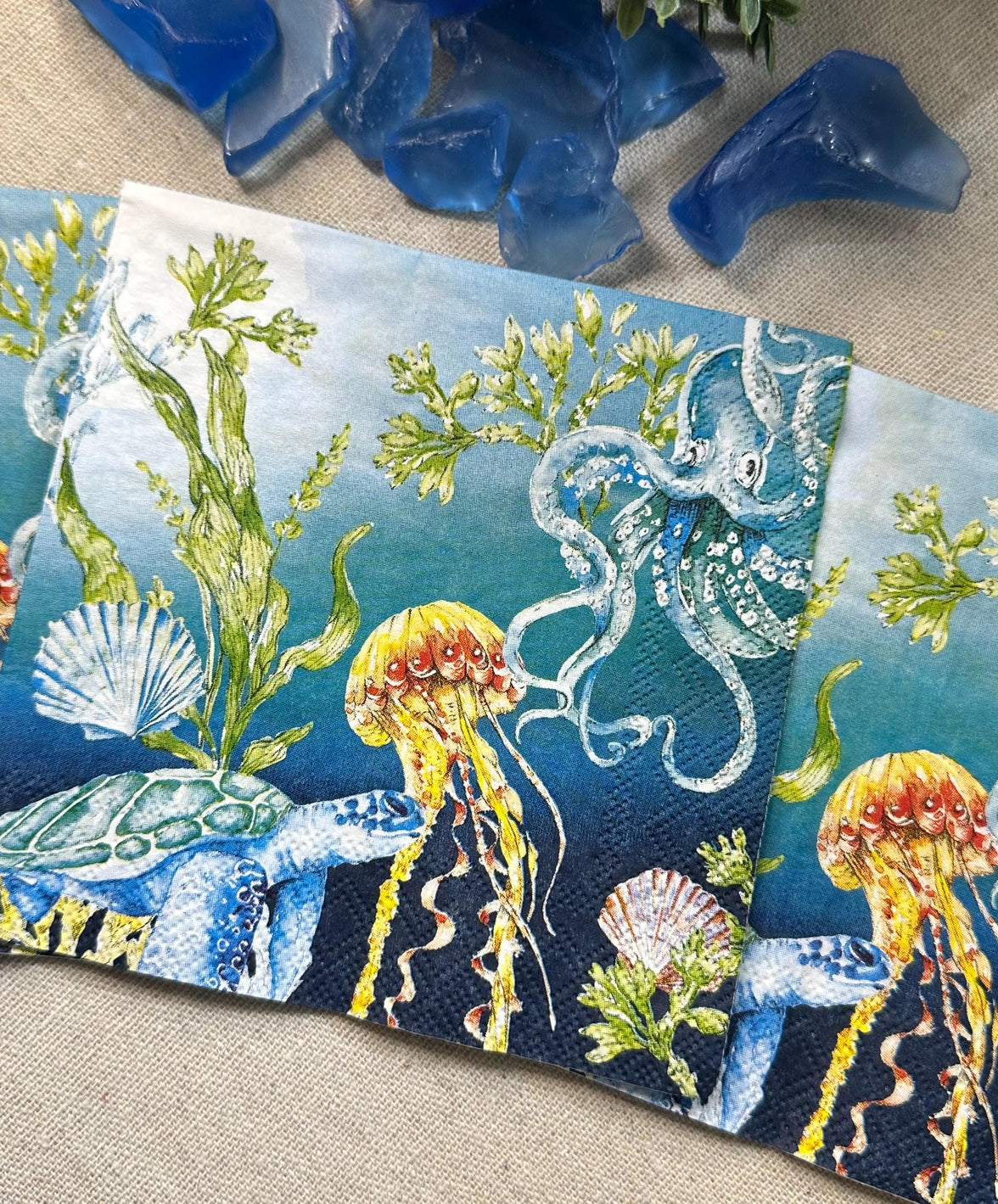 Octopus & Sea Creatures Paper Napkins, Decoupage Supplies (3pc)