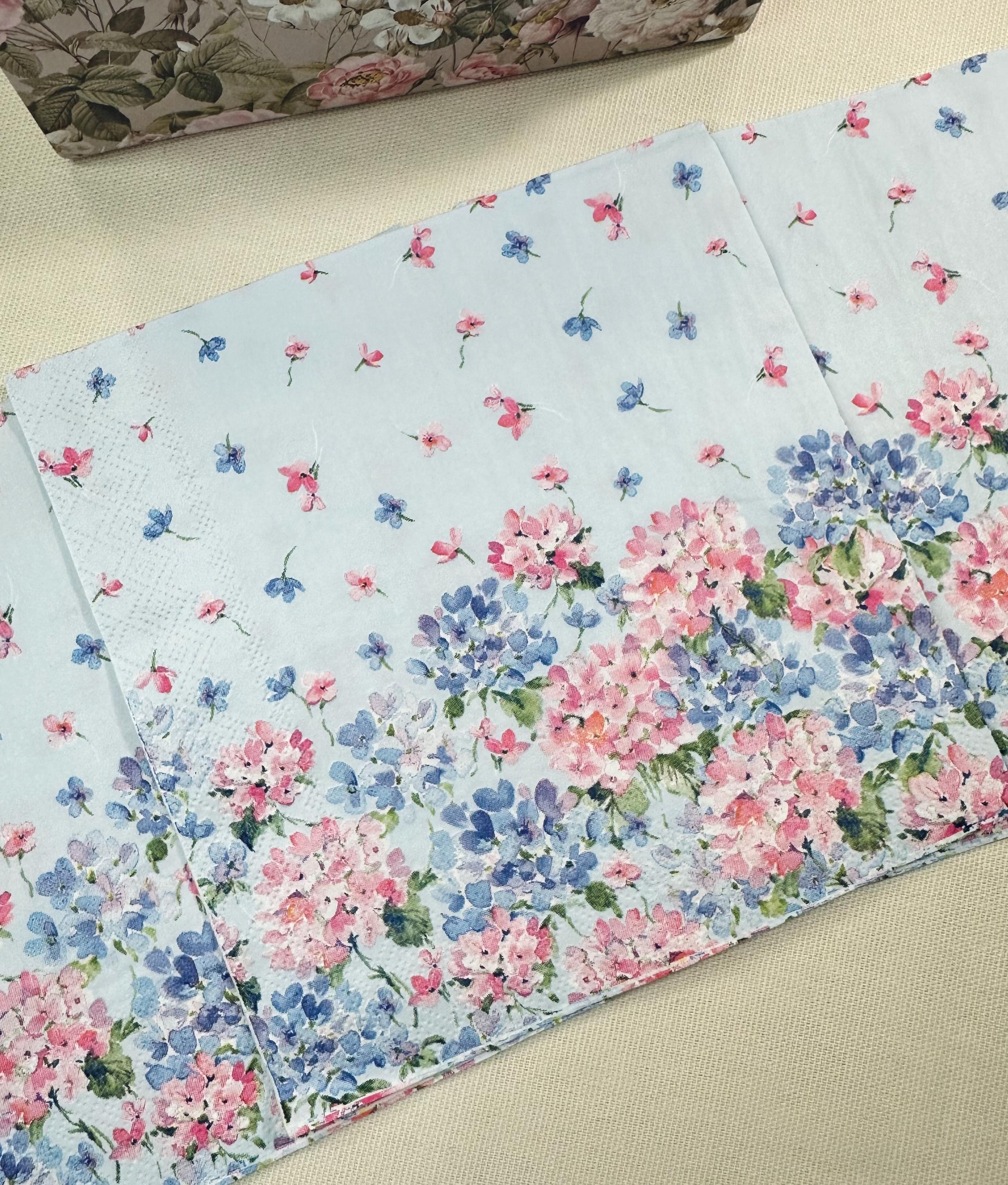 Blue & Pink Hydrangea Flower Napkins – Decoupage Paper, Party Decor