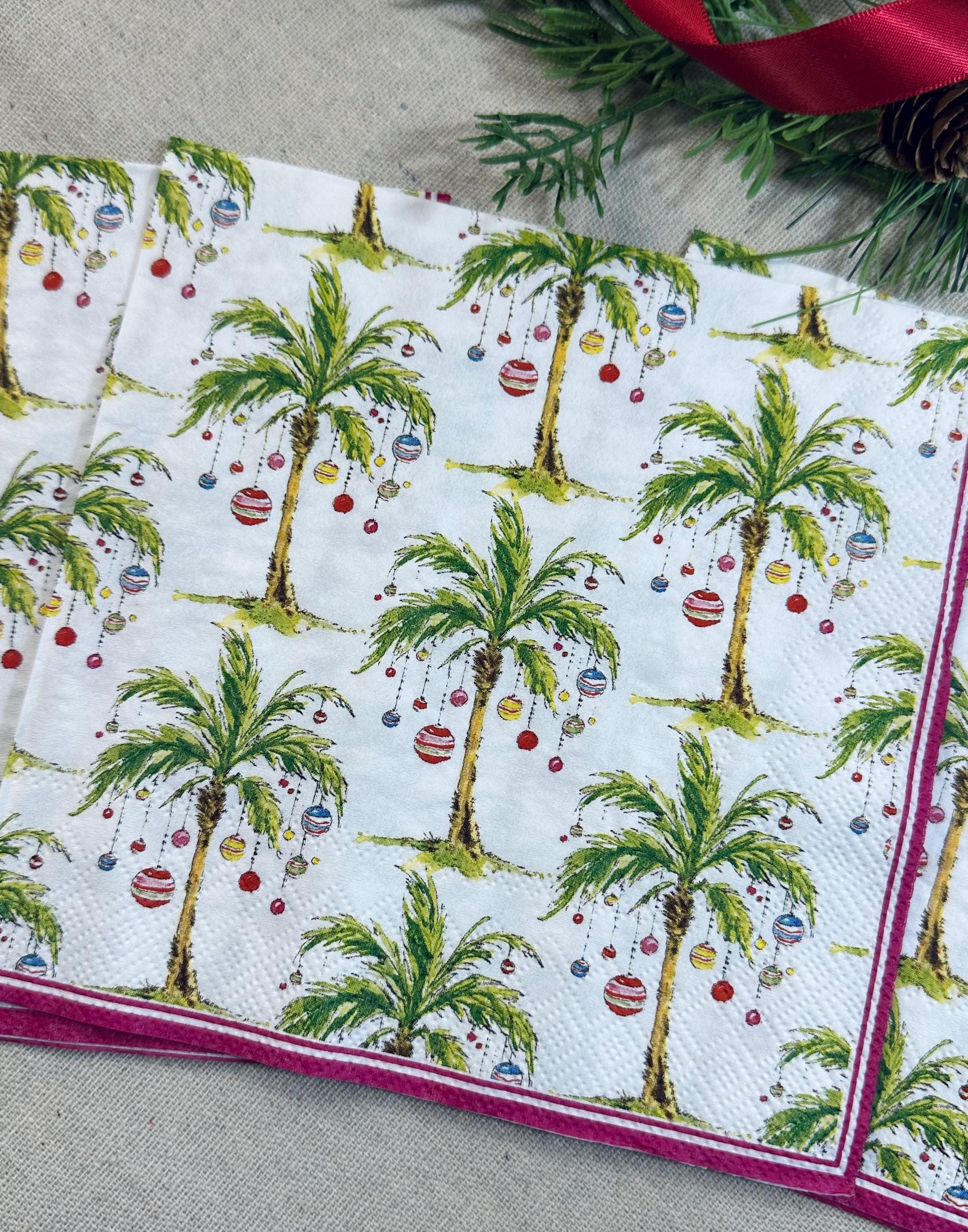 Christmas Palm Tree Decoupage Napkins: Tropical Holiday Paper (3 pc), Coastal Napkins, Coastal Christmas, Oyster Shell Palm Tree Paper Gifts
