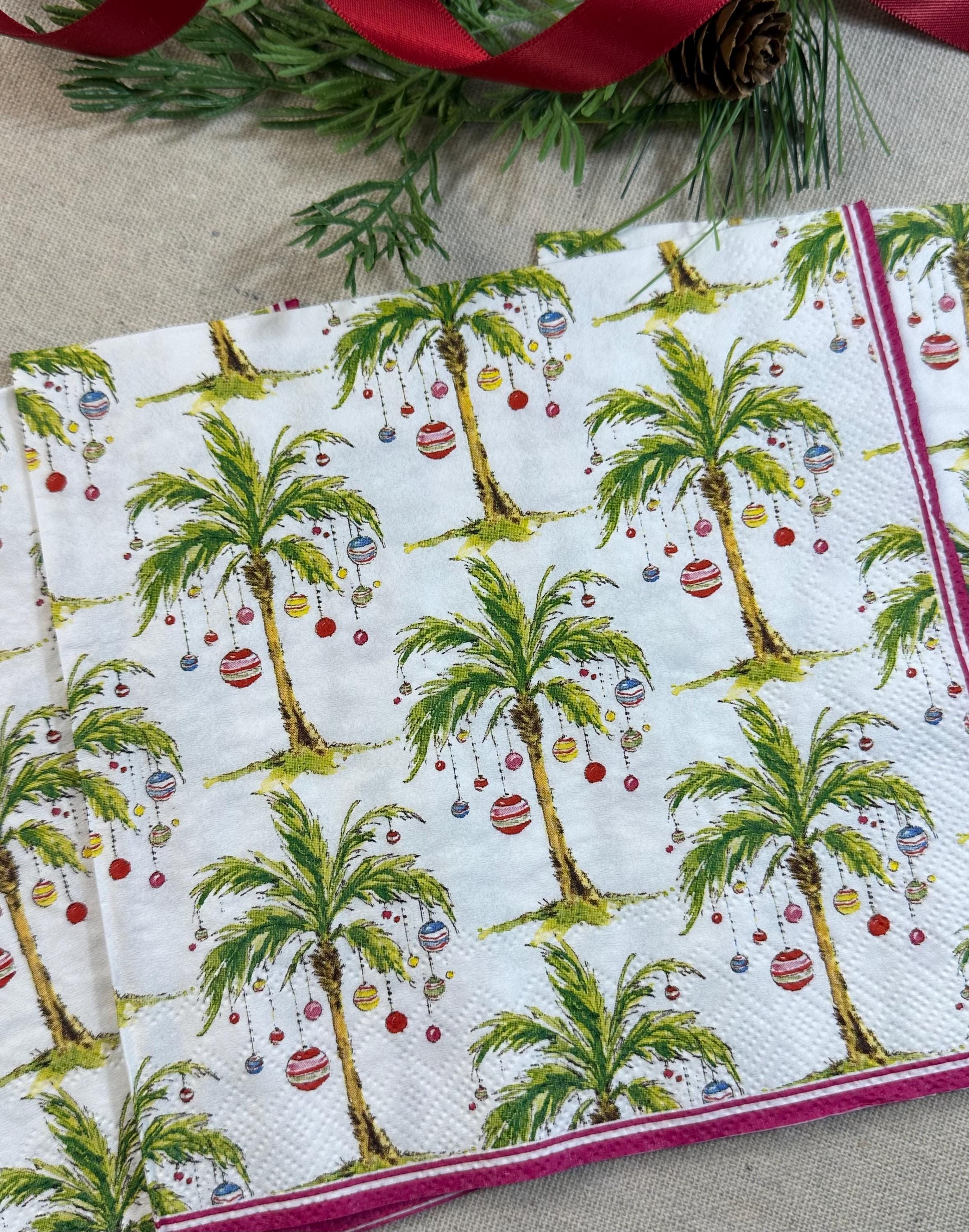 Christmas Palm Tree Decoupage Napkins: Tropical Holiday Paper (3 pc), Coastal Napkins, Coastal Christmas, Oyster Shell Palm Tree Paper Gifts