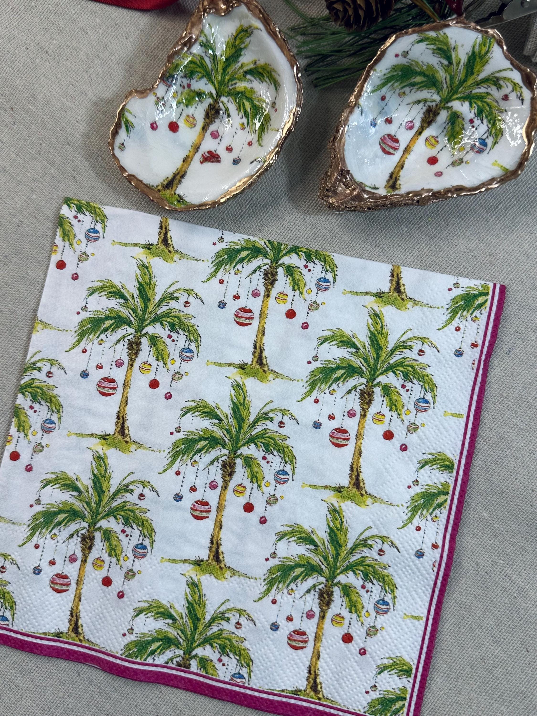 Christmas Palm Tree Decoupage Napkins: Tropical Holiday Paper (3 pc), Coastal Napkins, Coastal Christmas, Oyster Shell Palm Tree Paper Gifts