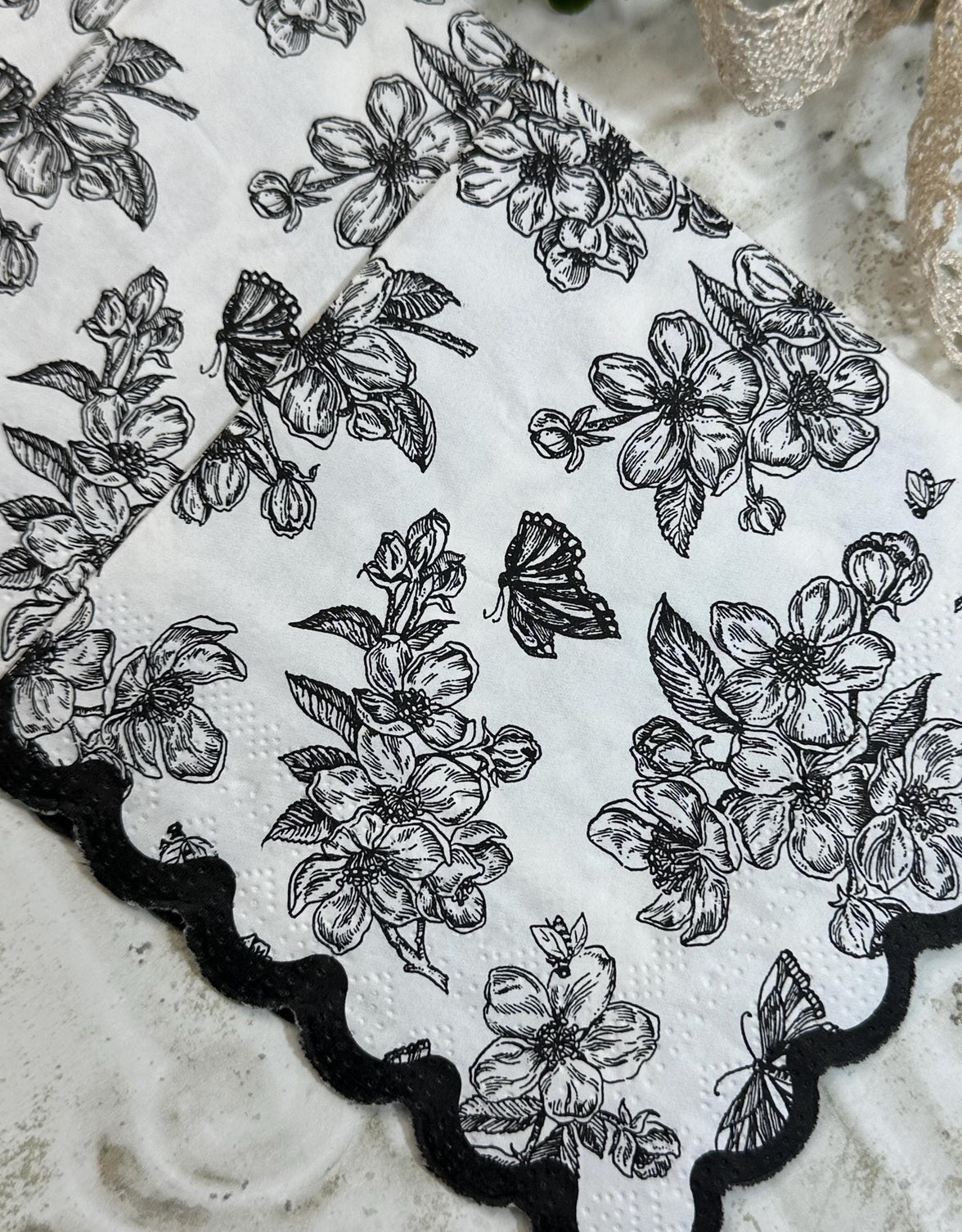 Floral Decoupage Napkins - 3pc Elegant Flower Butterflies Paper, Crafting Napkins, Bridal Party Napkins, DIY Paper Napkins, Black and White