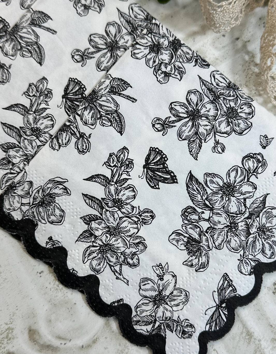 Floral Decoupage Napkins - 3pc Elegant Flower Butterflies Paper, Crafting Napkins, Bridal Party Napkins, DIY Paper Napkins, Black and White
