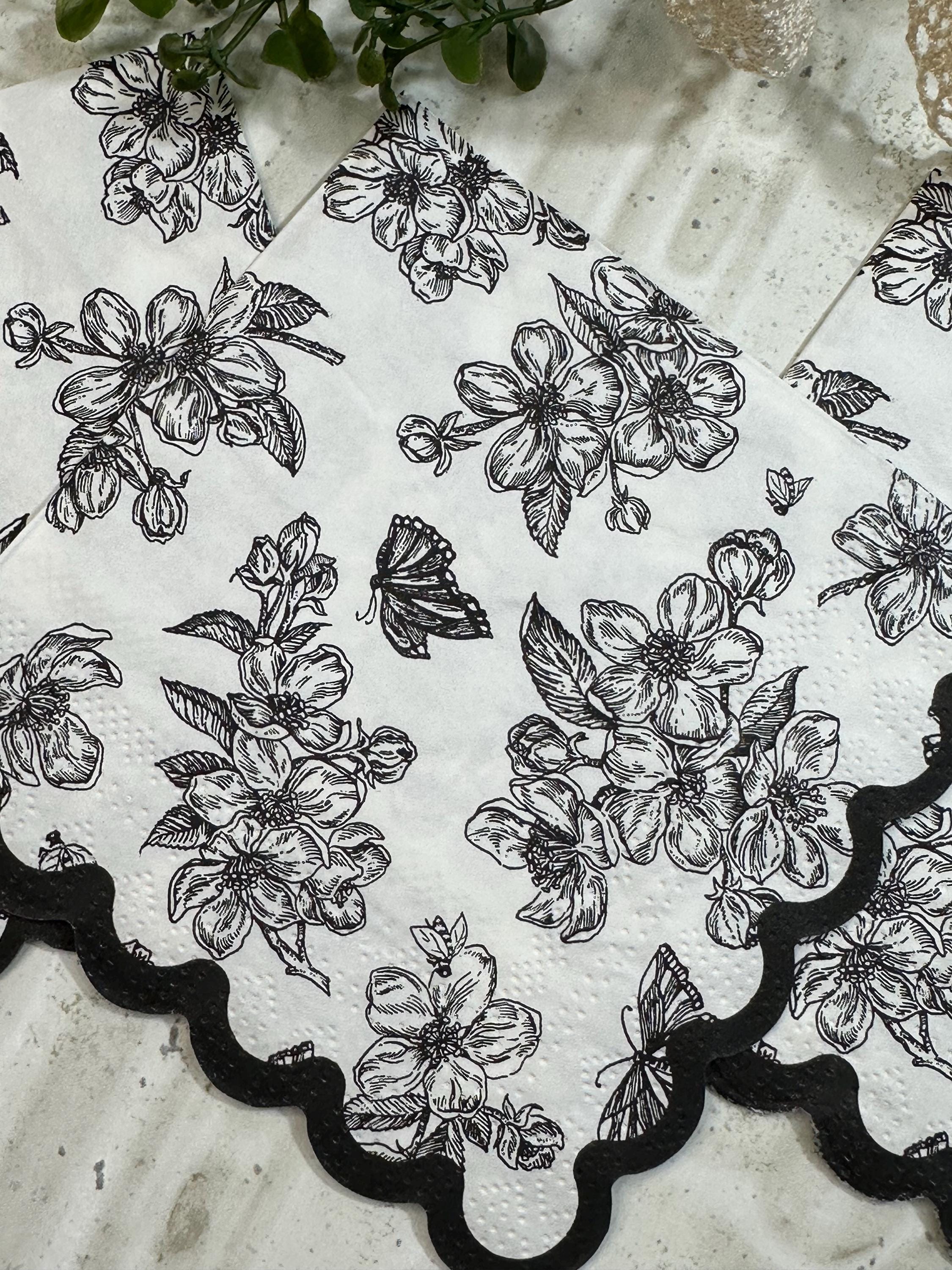 Floral Decoupage Napkins - 3pc Elegant Flower Butterflies Paper, Crafting Napkins, Bridal Party Napkins, DIY Paper Napkins, Black and White