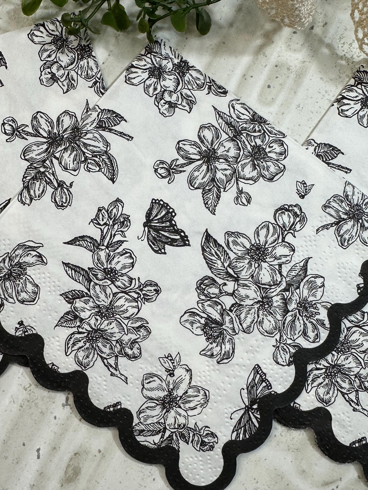 Floral Decoupage Napkins - 3pc Elegant Flower Butterflies Paper, Crafting Napkins, Bridal Party Napkins, DIY Paper Napkins, Black and White