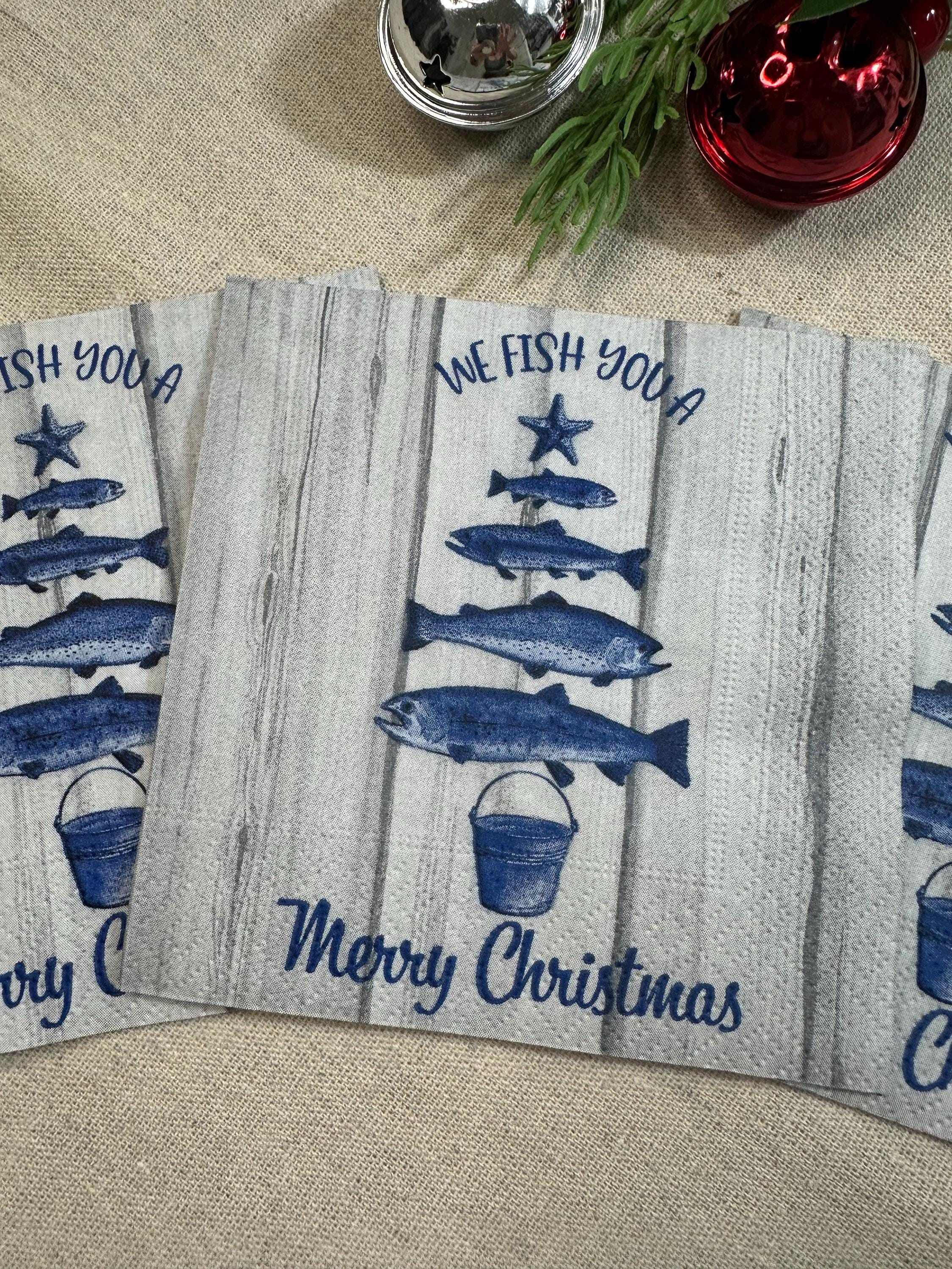 Christmas Decoupage Napkins -  Fish Holiday Napkins, Christmas Tree, Christmas Paper, Cocktail Napkins, DIY Paper, Holiday Paper Craft Gifts