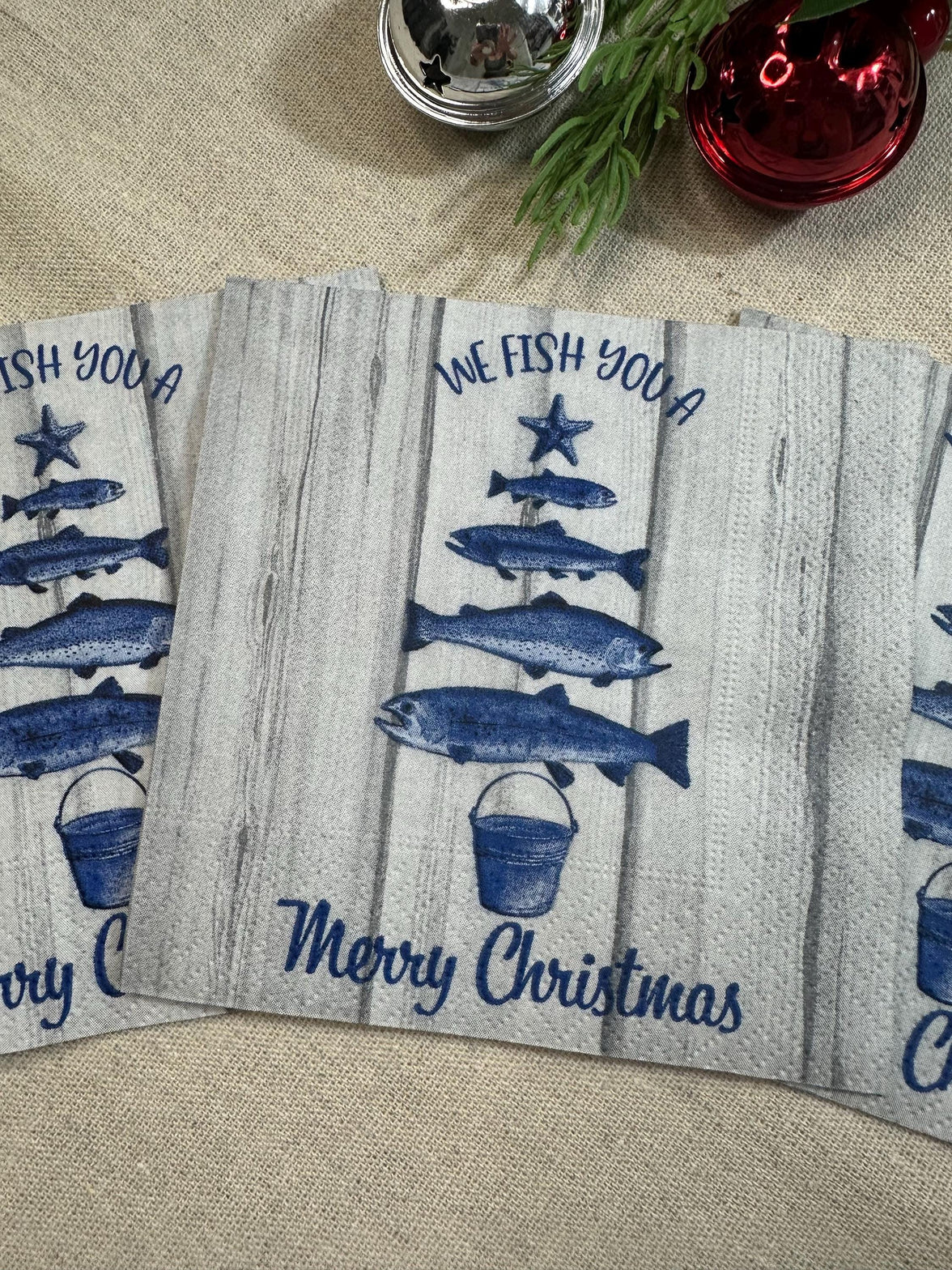 Christmas Decoupage Napkins -  Fish Holiday Napkins, Christmas Tree, Christmas Paper, Cocktail Napkins, DIY Paper, Holiday Paper Craft Gifts