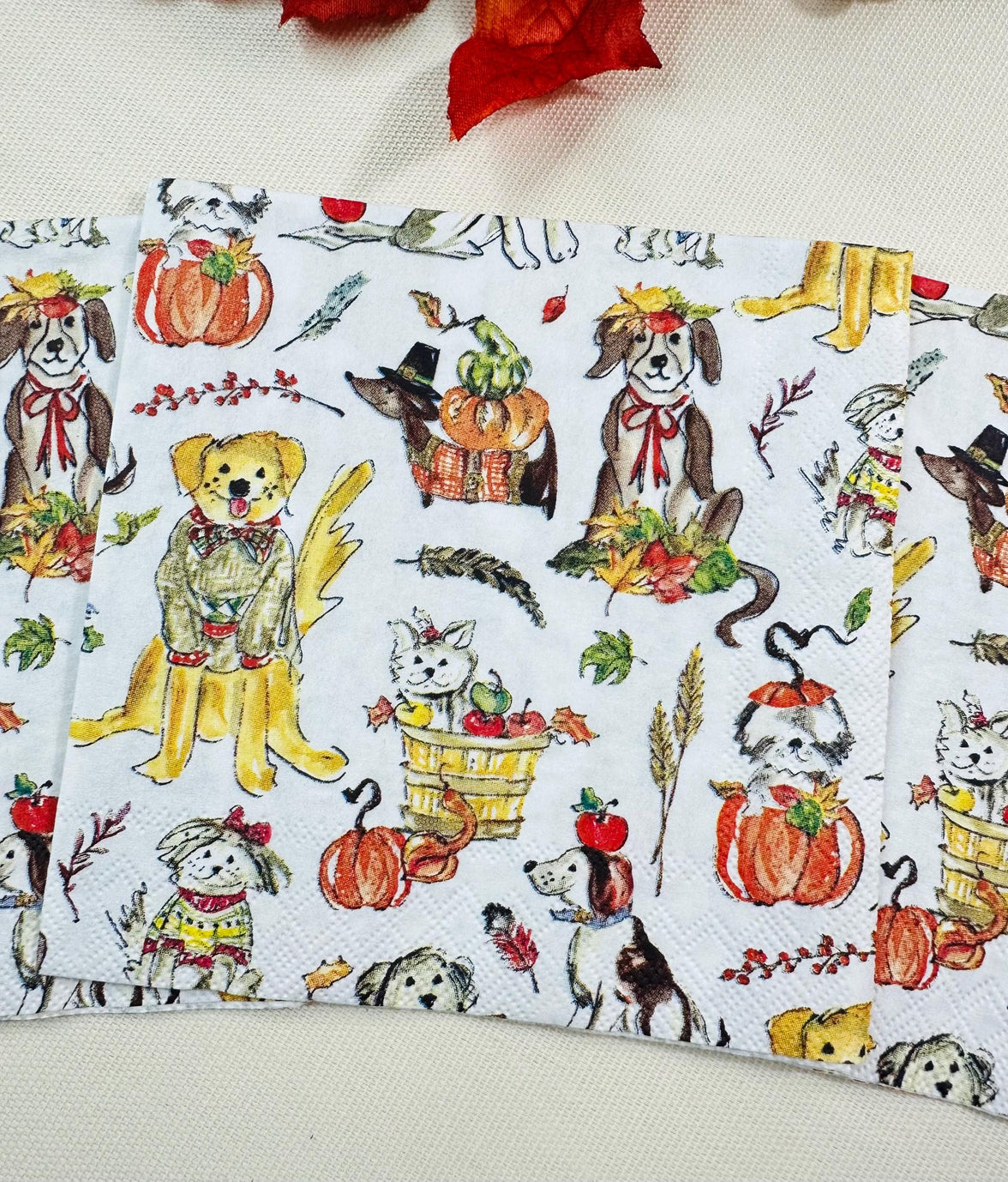 Harvest Dogs Napkin - Fall Decoupage Napkins, Fall Puppy Napkins, Cocktail Napkins, Fall Papers, DIY Paper, Dog Lovers, Animal Craft Gifts,