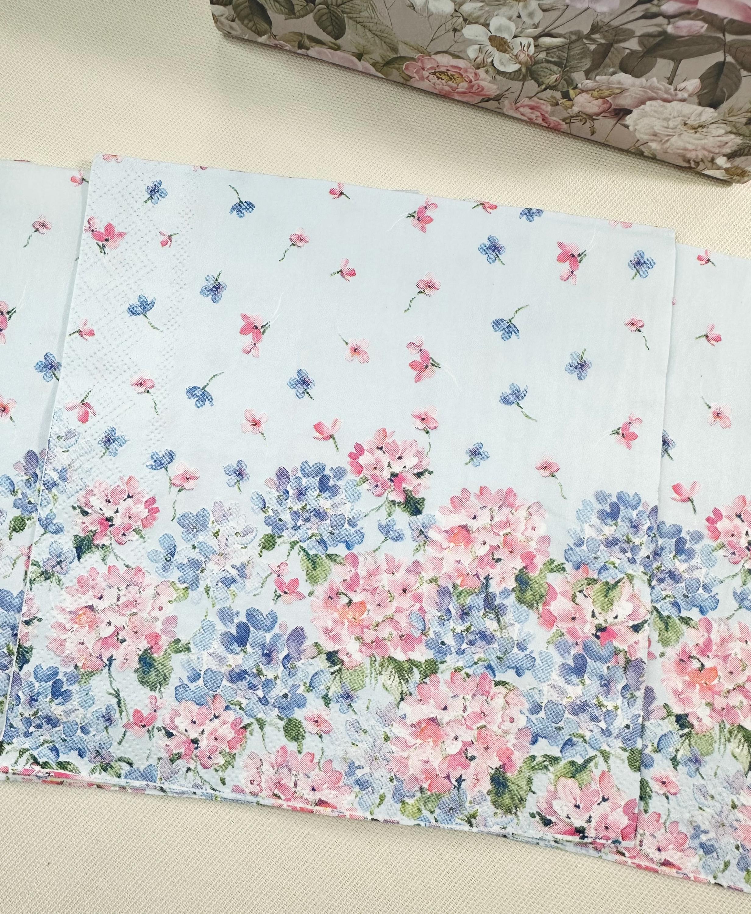 Blue & Pink Hydrangea Flower Napkins – Decoupage Paper, Party Decor