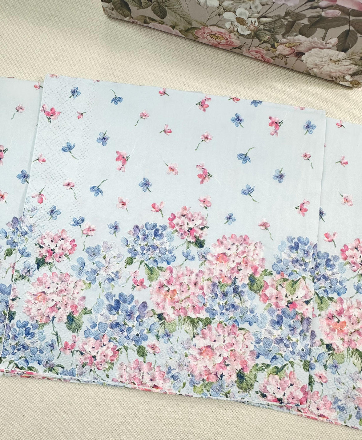Blue & Pink Hydrangea Flower Napkins – Decoupage Paper, Party Decor