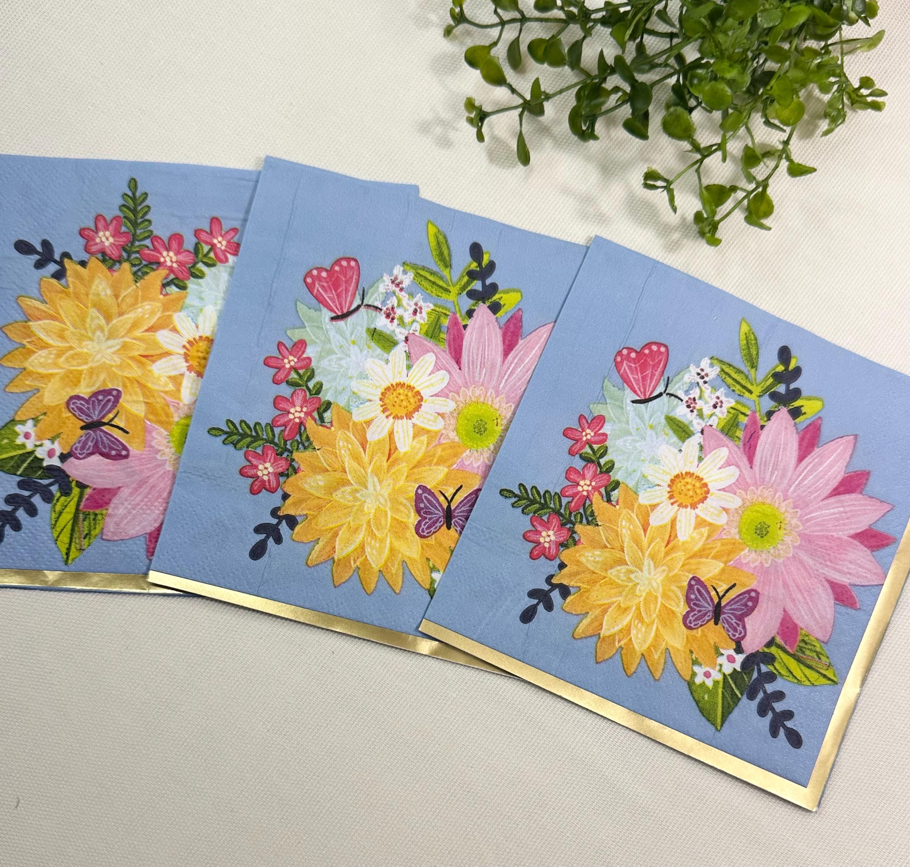 Floral Butterfly Decoupage Napkins: Spring Flower Paper (5x5 inch, 3 pack)