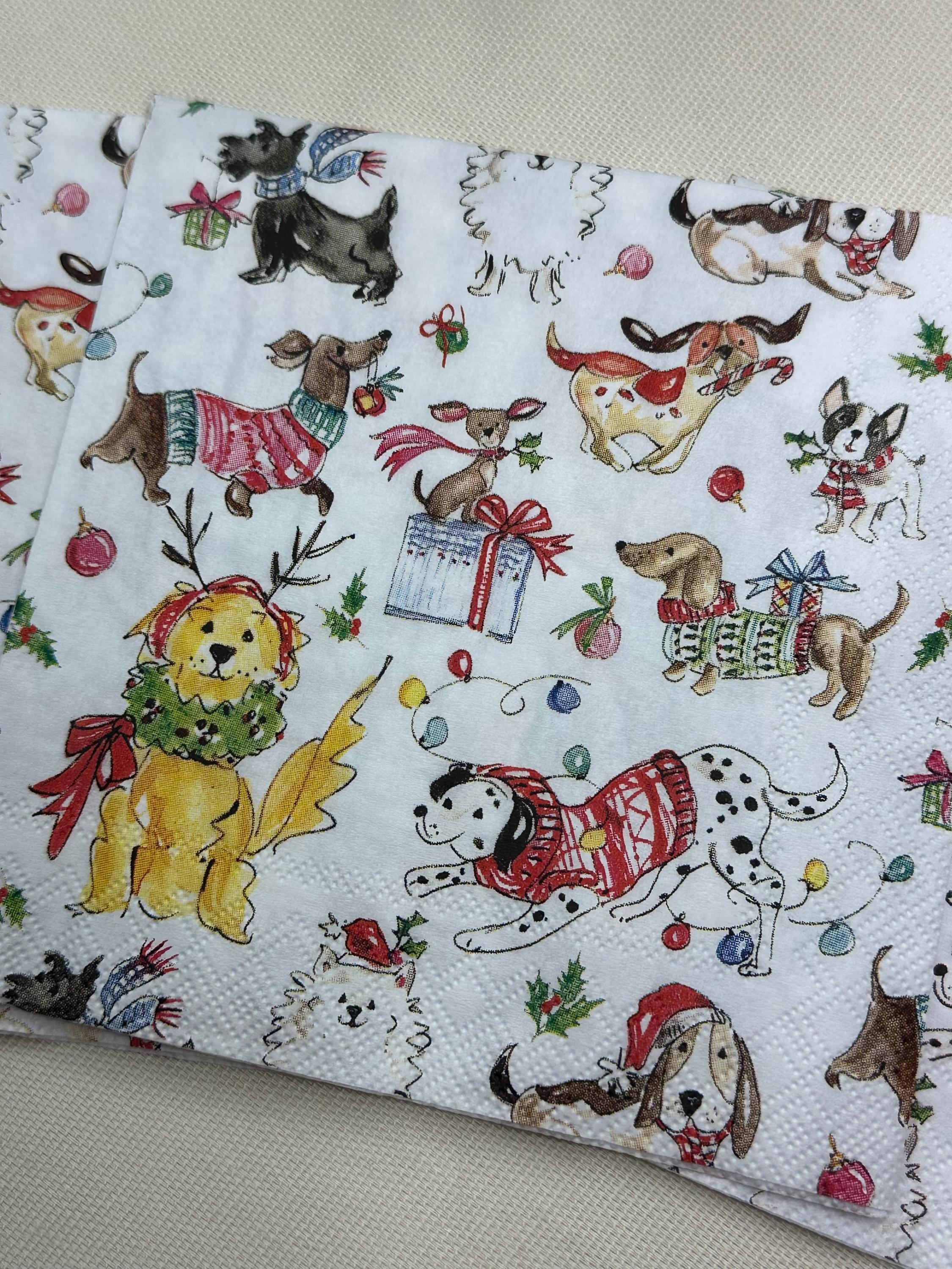 Christmas Dogs Napkins, Furry Friends, Decoupage Napkins - Puppy Napkins, Christmas Paper, Holiday Paper Crafting, Junk Journals, Shells