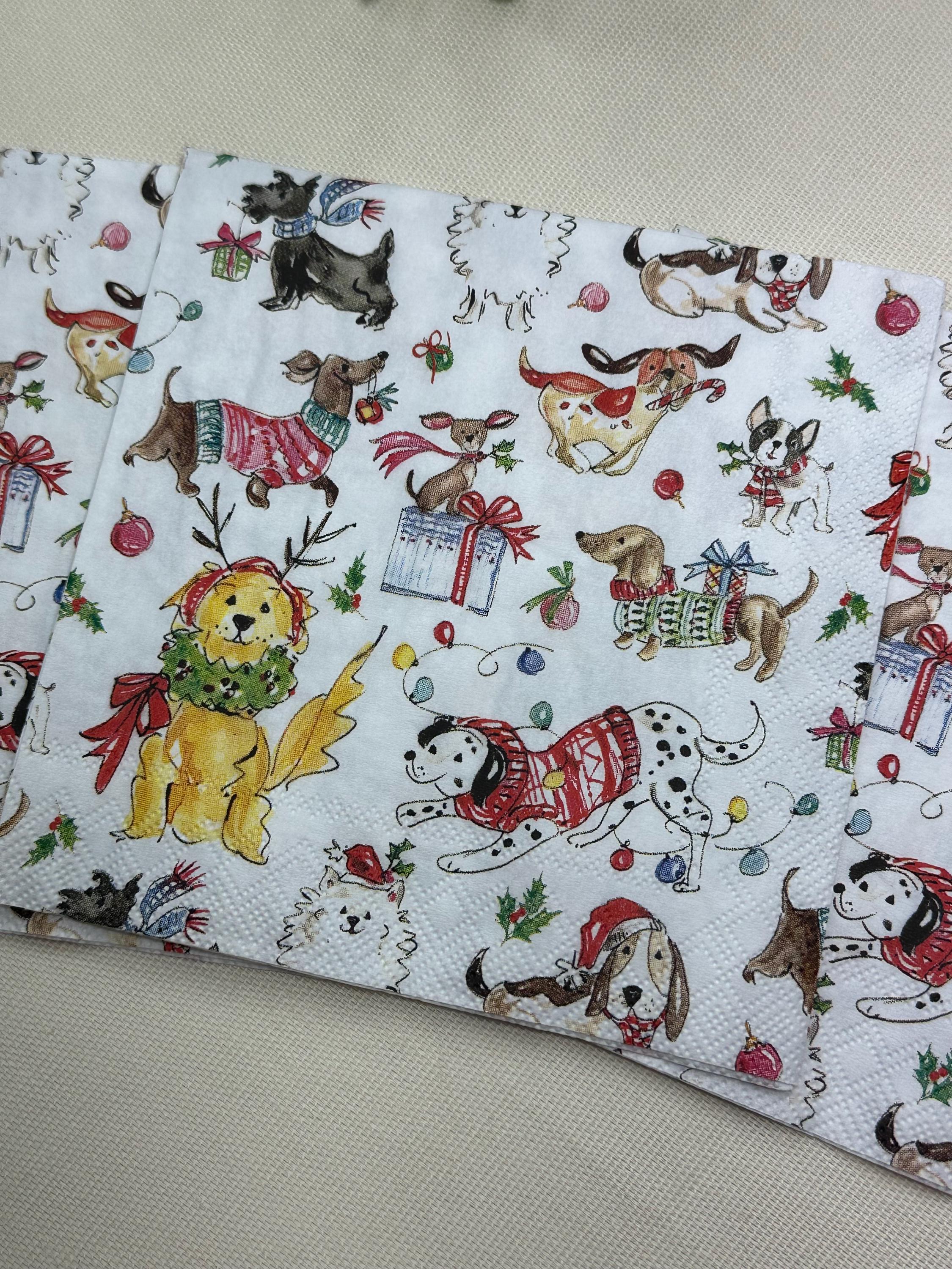 Christmas Dogs Napkins, Furry Friends, Decoupage Napkins - Puppy Napkins, Christmas Paper, Holiday Paper Crafting, Junk Journals, Shells