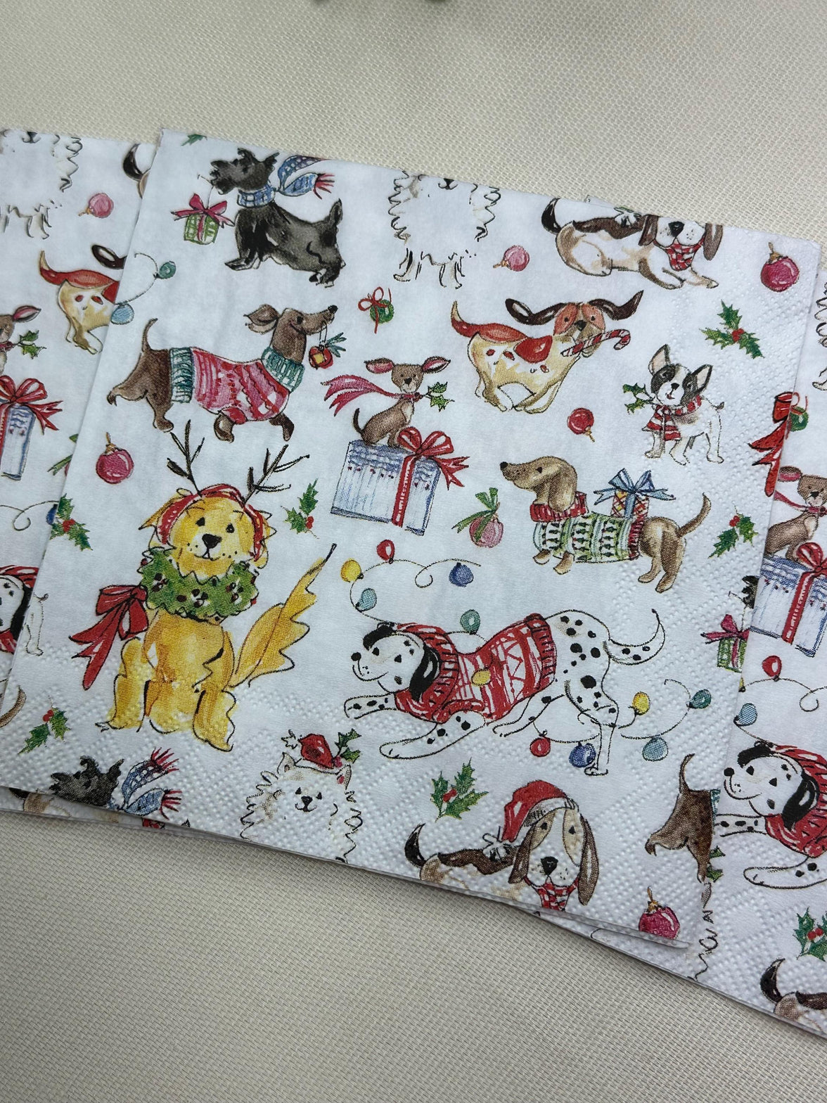 Christmas Dogs Napkins, Furry Friends, Decoupage Napkins - Puppy Napkins, Christmas Paper, Holiday Paper Crafting, Junk Journals, Shells