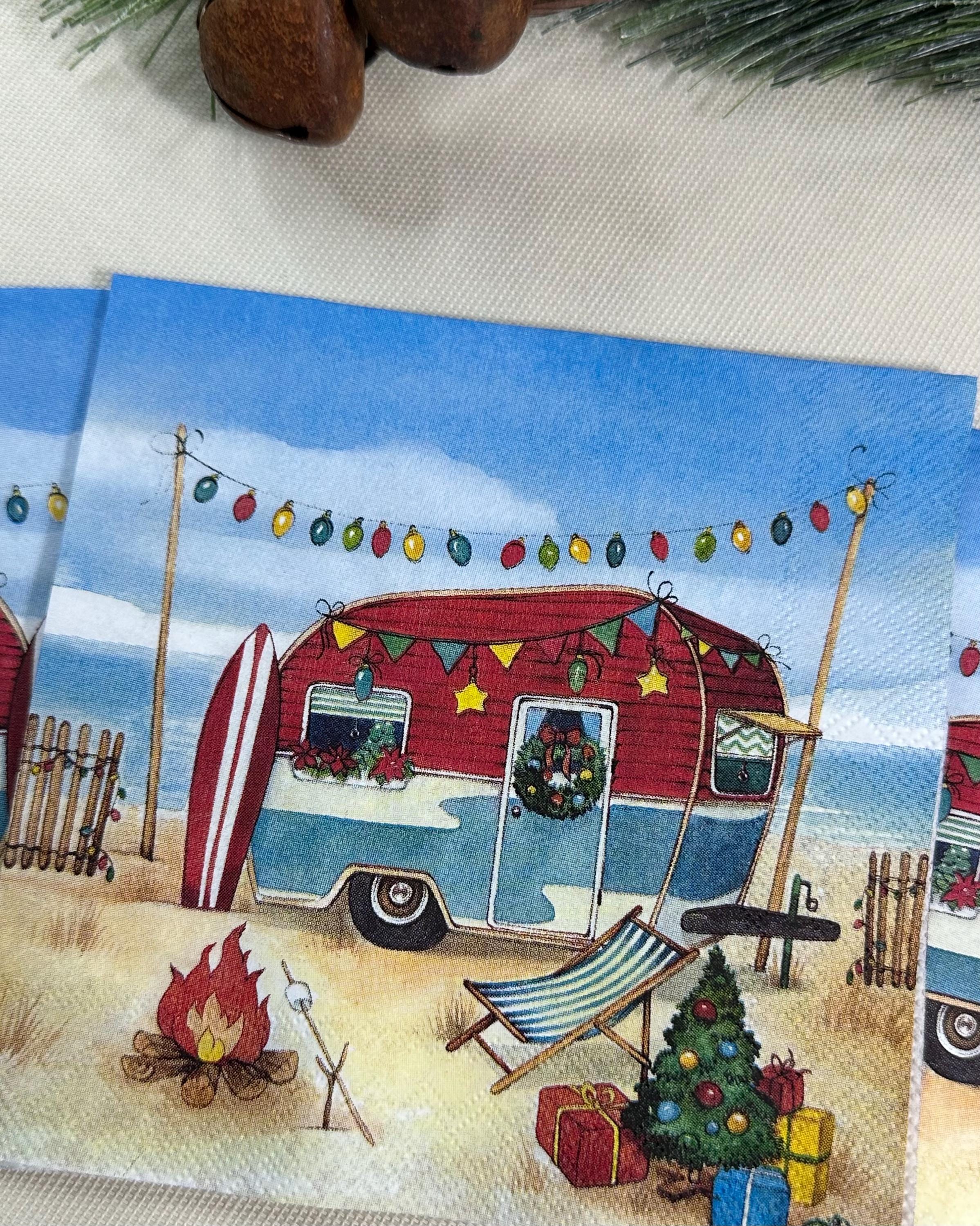 Christmas Camping - Coastal Christmas Decoupage Napkins, Christmas Paper, DIY Paper, Holiday Paper, Craft Paper, Handmade Gift Ideas