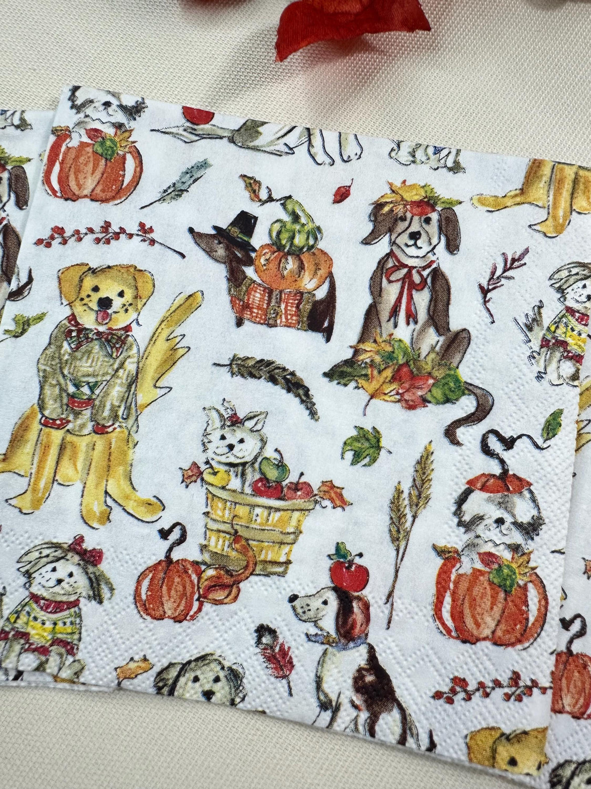 Harvest Dogs Napkin - Fall Decoupage Napkins, Fall Puppy Napkins, Cocktail Napkins, Fall Papers, DIY Paper, Dog Lovers, Animal Craft Gifts,