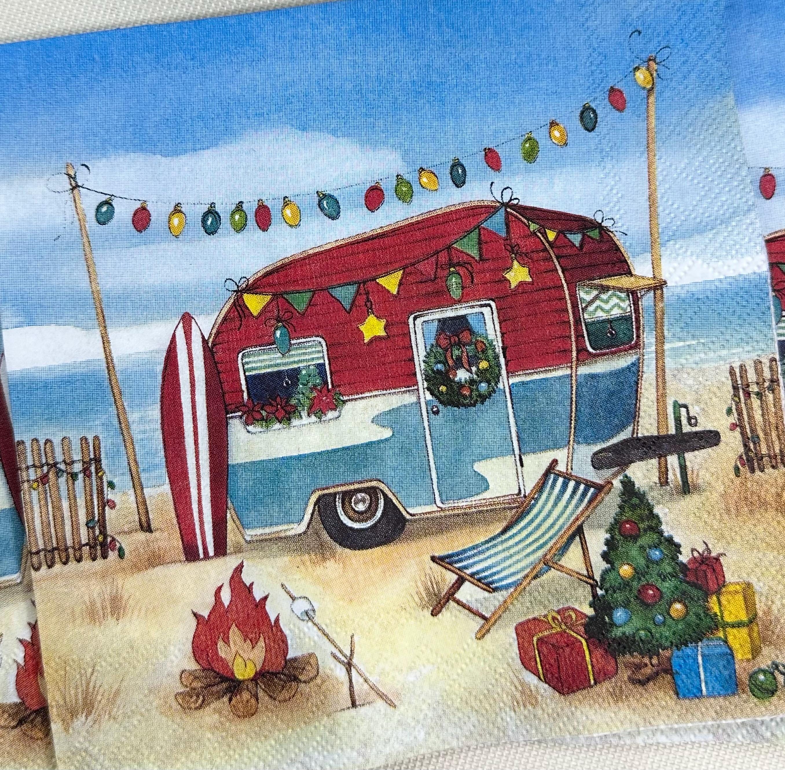 Christmas Camping - Coastal Christmas Decoupage Napkins, Christmas Paper, DIY Paper, Holiday Paper, Craft Paper, Handmade Gift Ideas