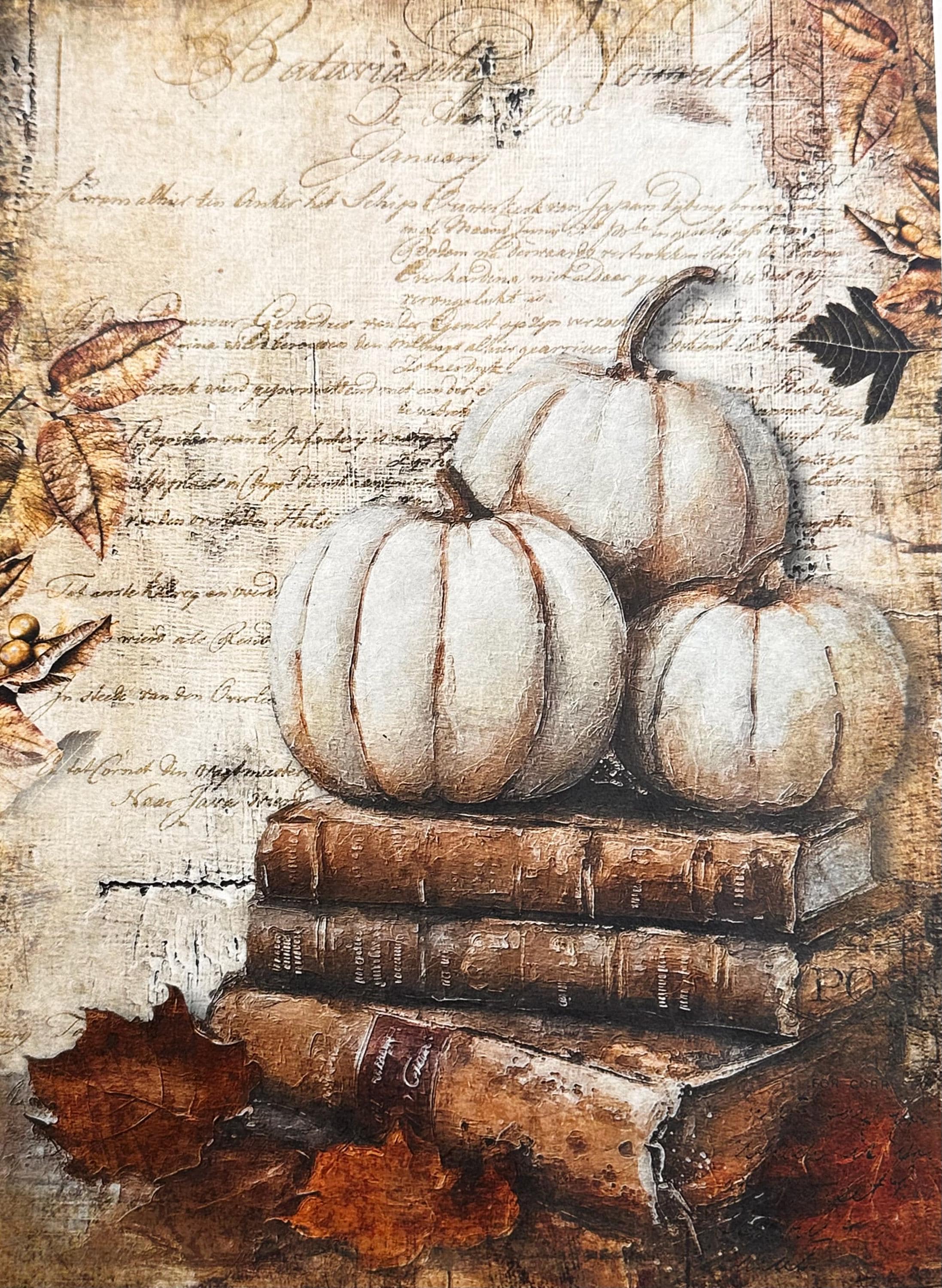 New Decoupage Paper - Fall Pumpkin Paper, Antique Rustic Paper, Decoupage Queen, Cottage Pumpkin Paper, Aged Books Paper, Distressed Paper
