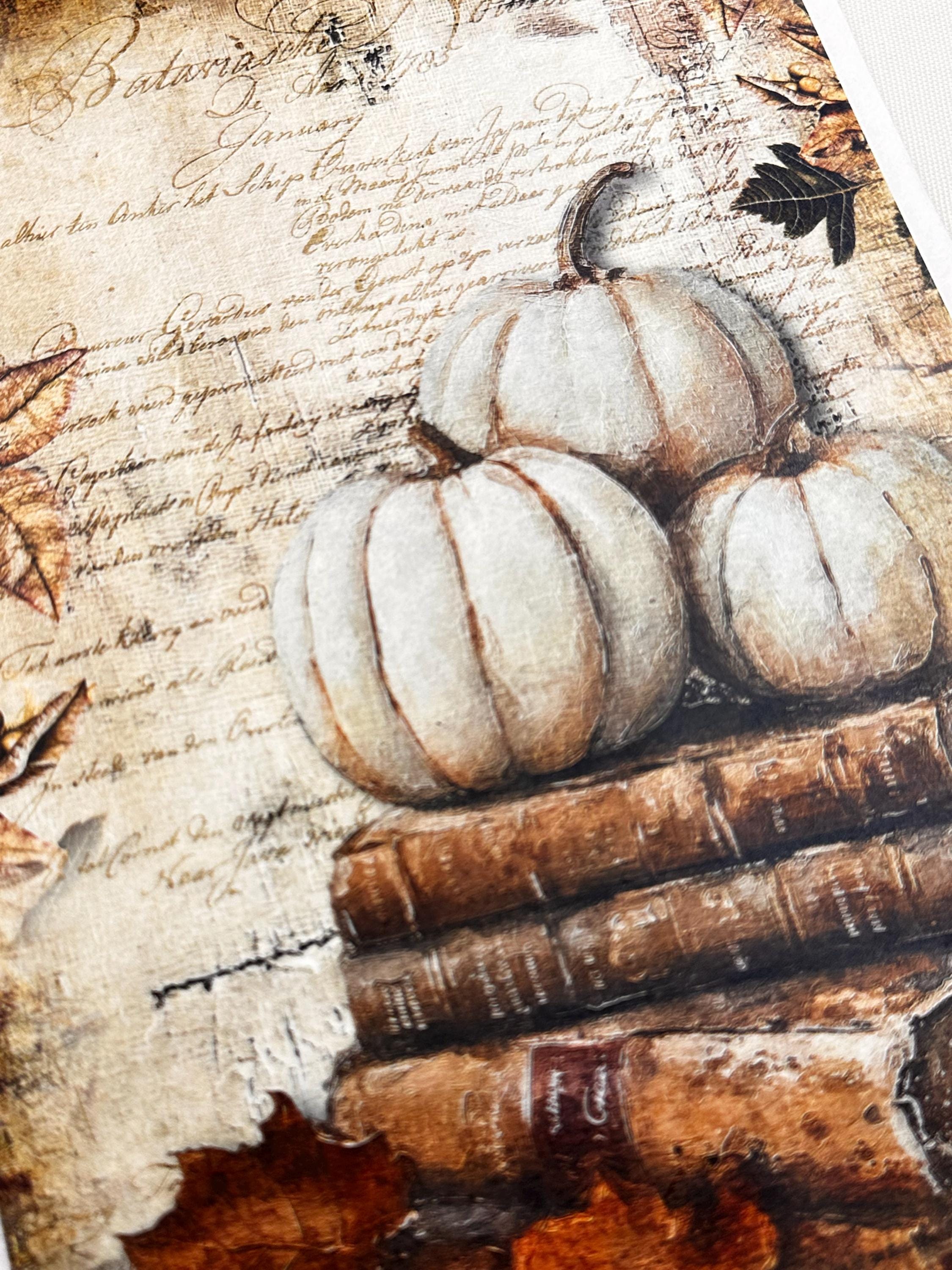 New Decoupage Paper - Fall Pumpkin Paper, Antique Rustic Paper, Decoupage Queen, Cottage Pumpkin Paper, Aged Books Paper, Distressed Paper