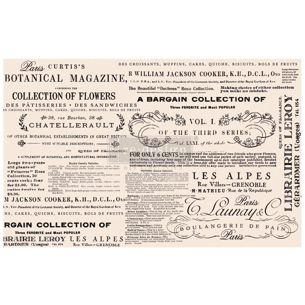 New! ReDesign Prima - Floral Text Tissue Paper, Decoupage Paper, Text Writing Paper, Furniture Tissue Paper, Decoupage Paper, Wood Paper