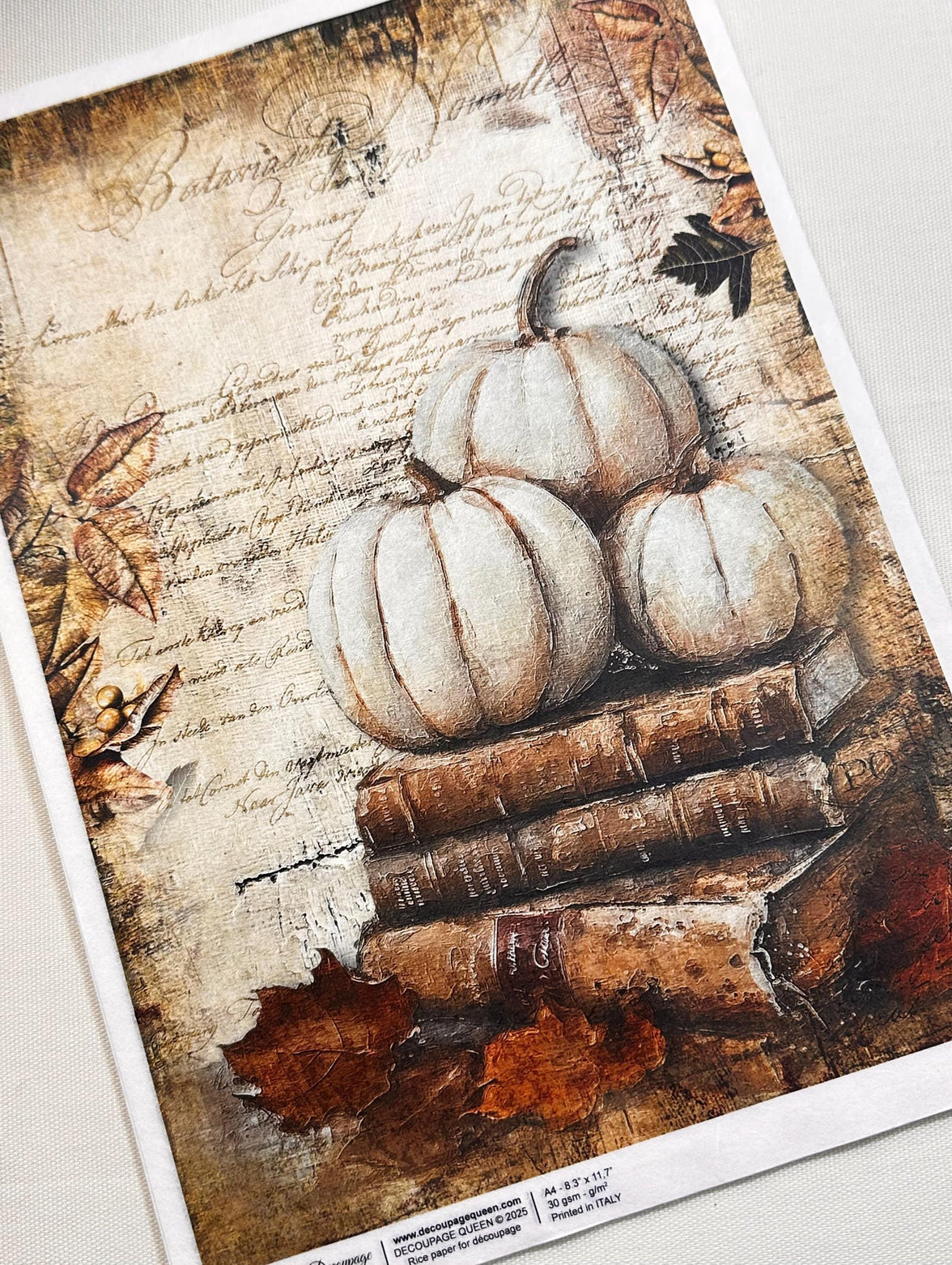 New Decoupage Paper - Fall Pumpkin Paper, Antique Rustic Paper, Decoupage Queen, Cottage Pumpkin Paper, Aged Books Paper, Distressed Paper