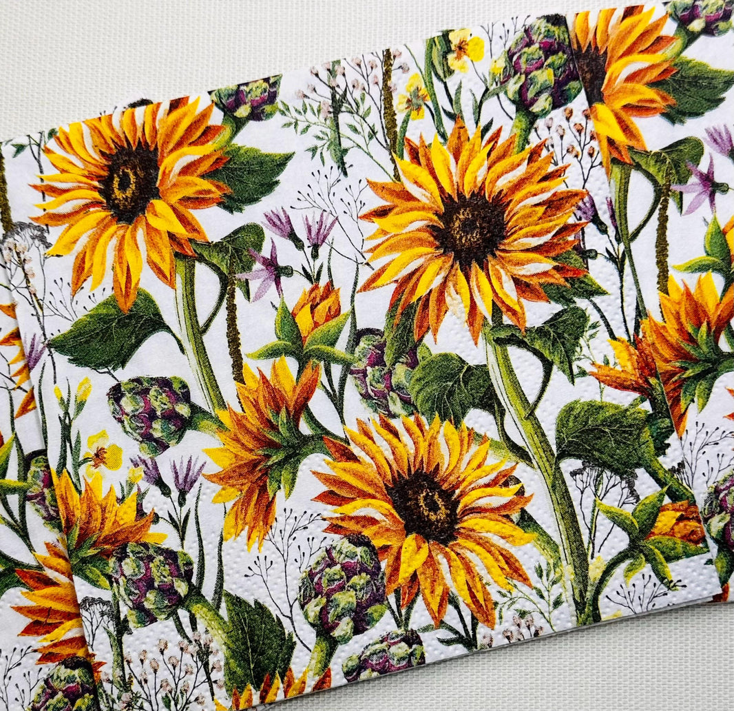 Sunflower Decoupage Napkins - Cocktail Napkins, Sunflower Paper, Sunflower Tissue Paper, Decoupage Paper, Paper for Shells, Junk Journaling