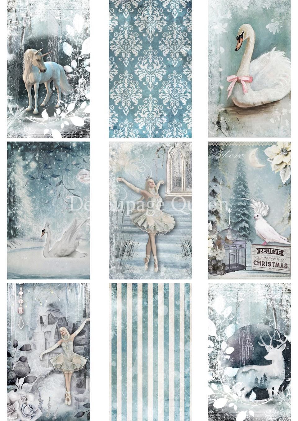 Rice Paper A4 - Winter Fantasy Rice Paper, Unicorn Paper, Ice Skating, Ballerina Paper, Decoupage Ornament Paper, Decoupage Framing Paper