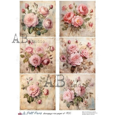 AB Studios Pink Rose A4 Rice Paper Vintage Pink Rose Panel Illustration