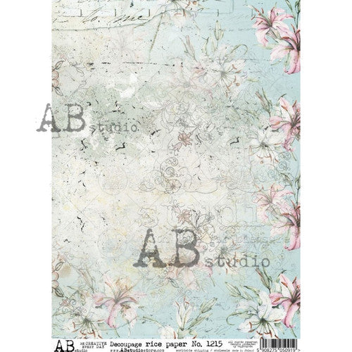 AB Studios Aqua Distressed Floral A4 Rice Paper