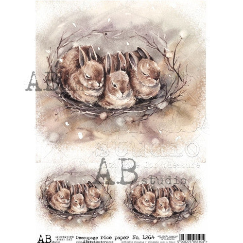 AB Studios Sepia Nesting Bunnies A4 Rice Paper